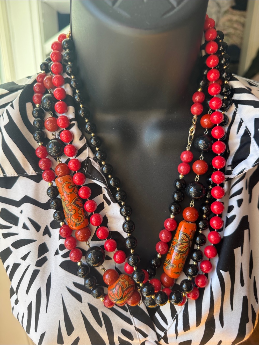 Set of 4 Red and Black Beaded Necklaces